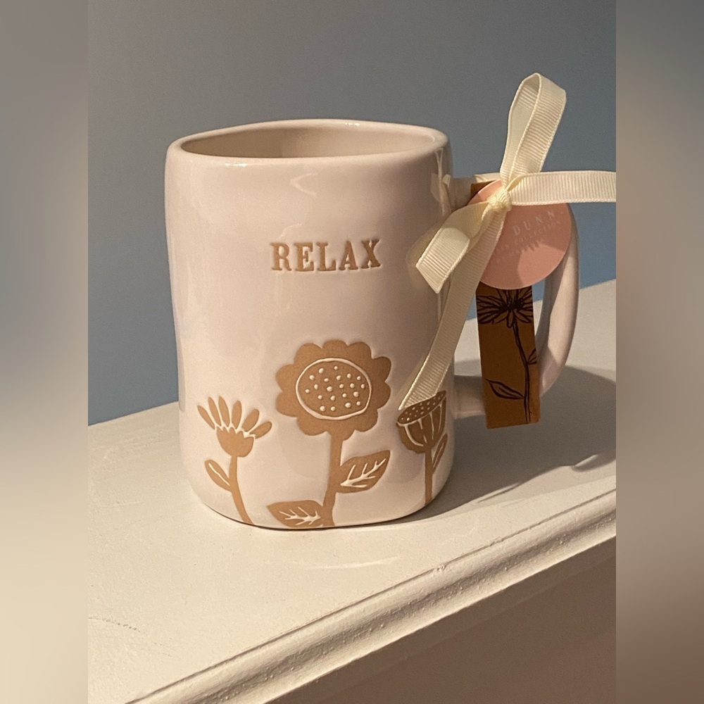 Rae Dunn Pink Floral Mug with Cream Ribbon “Relax” NWT